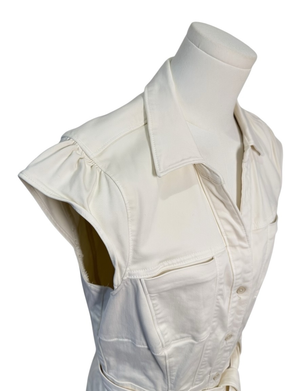 PAIGE Jaxsyn Tie Waist Cotton Blend Twill Mini Shirtdress in Quartz Sand Size 8 - Picture 7 of 14